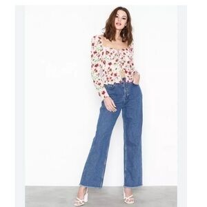 Misguided White Long Sleeve Front Tie Floral Print Top Size 8